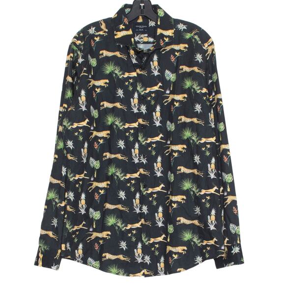 Grand Frank Mens Shirt Cheetah Statement Bold Safari Button Up Black 33/44 17.5 - Picture 1 of 5